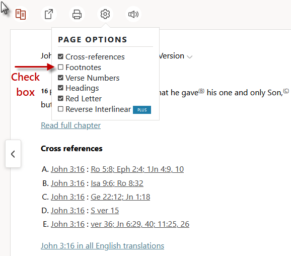 Page Options Menu. Check box to open cross-references and footnotes.