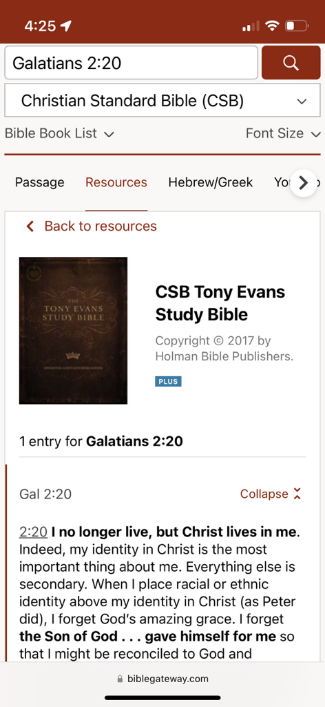Galatians 2:20 note from CSB Tony Evans Study Bible